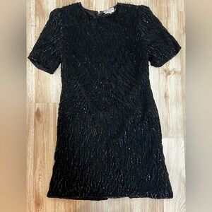 Vintage Black Silk Sequin Dress Women’s Large | Made in India | Shoulder Pads